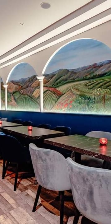 restaurant interior design, mural, archways painting